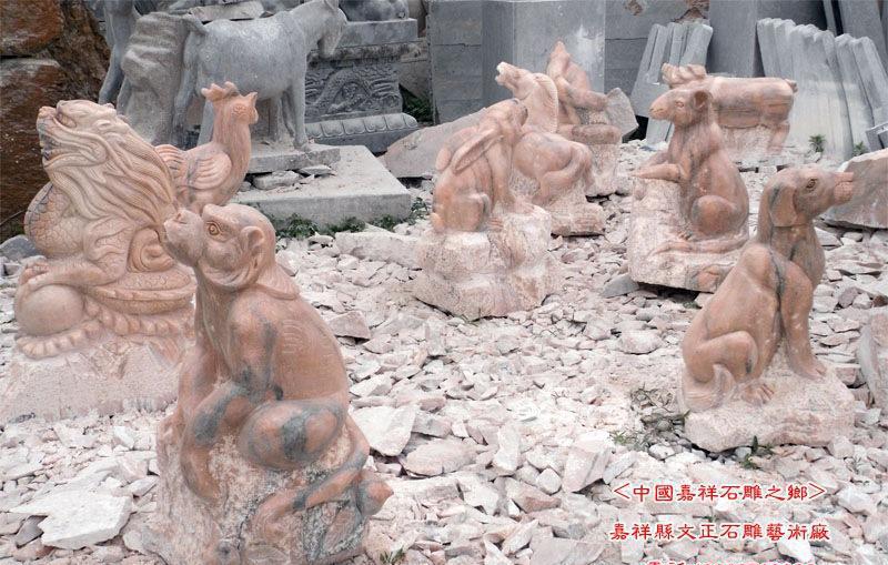 动物石雕十二生肖柱，12生肖福运石